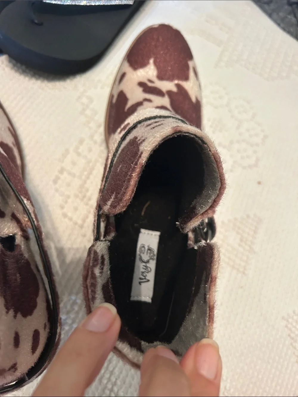 Very G Cream and Brown Cow-Print Western Booties